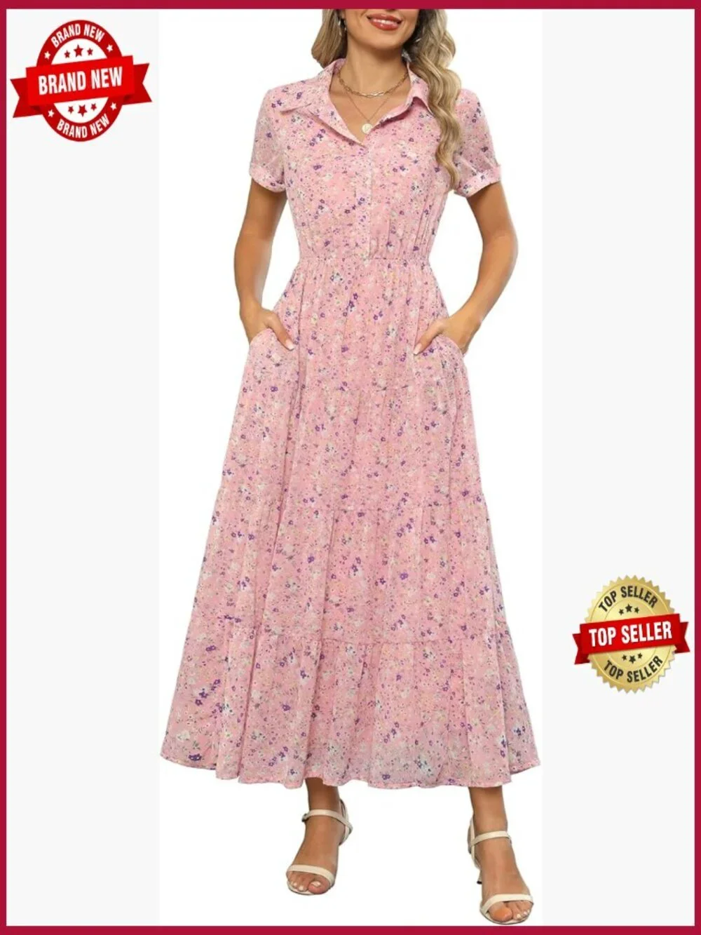 Collared V Neck Short Sleeve Button Down Chiffon Floral Maxi Dress with Pockets